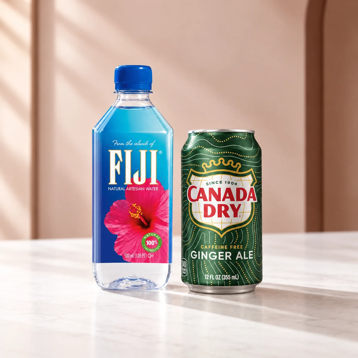 Fiji water and Canada Dry packaged drinks
